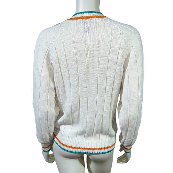 Vintage 90s Room Works Geometric Art Deco V-Neck Cotton Sweater White Multi M - Picture 3 of 9